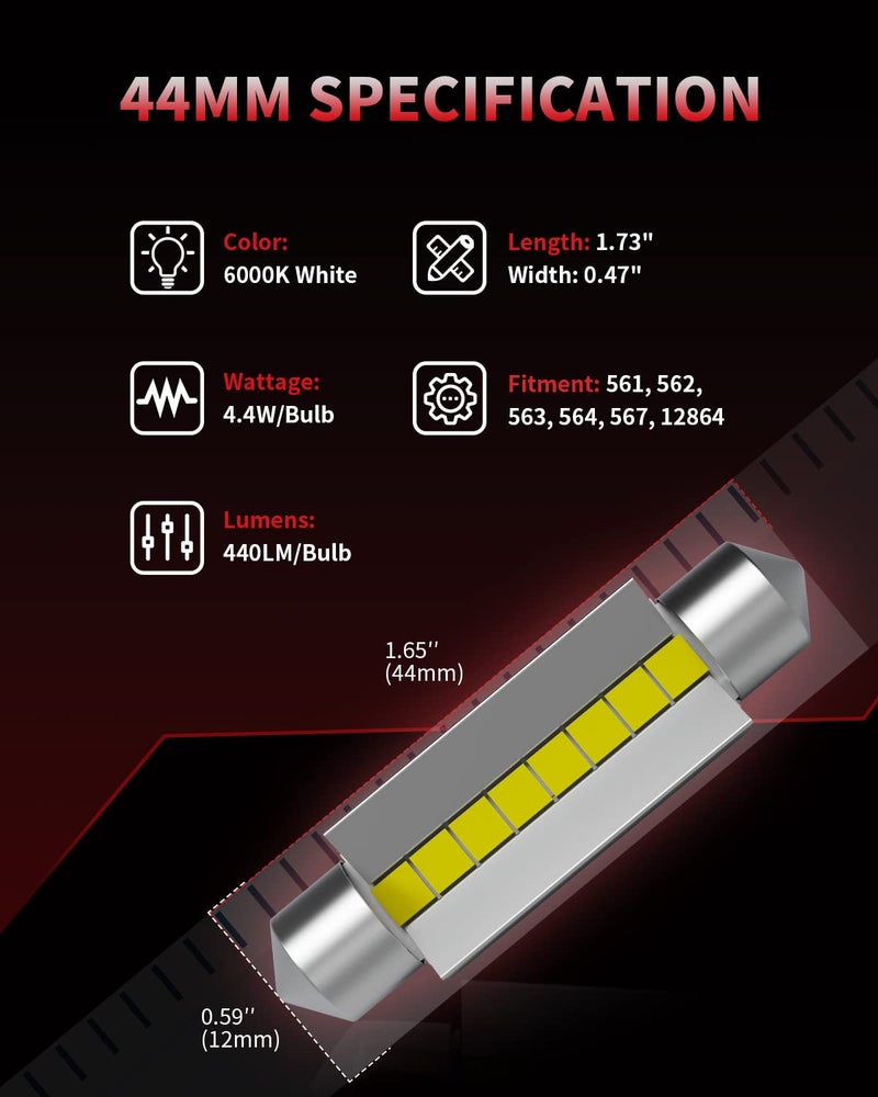 LASFIT 44mm LED Bulb Festoon 561 562 564 567 Bulb Canbus Error Free 400LM 6000K Extremely Bright Use for Trunk Cargo Light, License Plate Bulbs, Xenon White Upgraded(Pack of 2) - Image 2